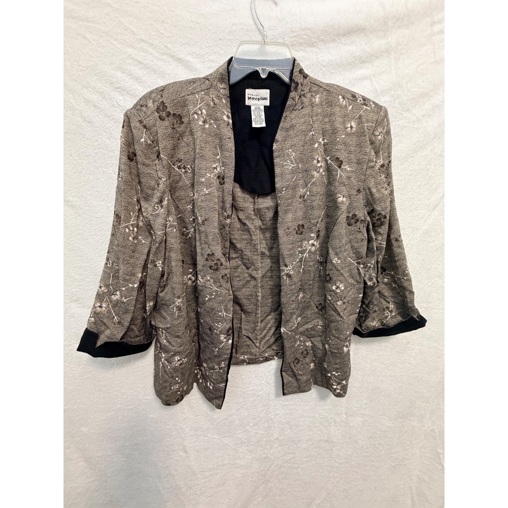 Womens Perceptions Brown Floral Open Front Jacket Size 22W 3/4 Sleeve Blazer